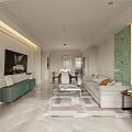 Elegant Modern Living Dining Room With Green Marble Wall Light Gray Sofa And Geometric Rug