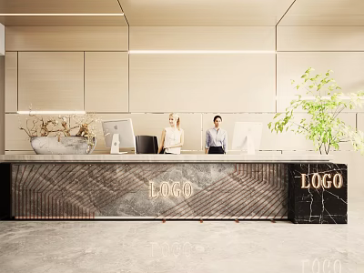 Modern Front Desk Reception Area Design With Staff Logo And Decorative Green Plant 3d model