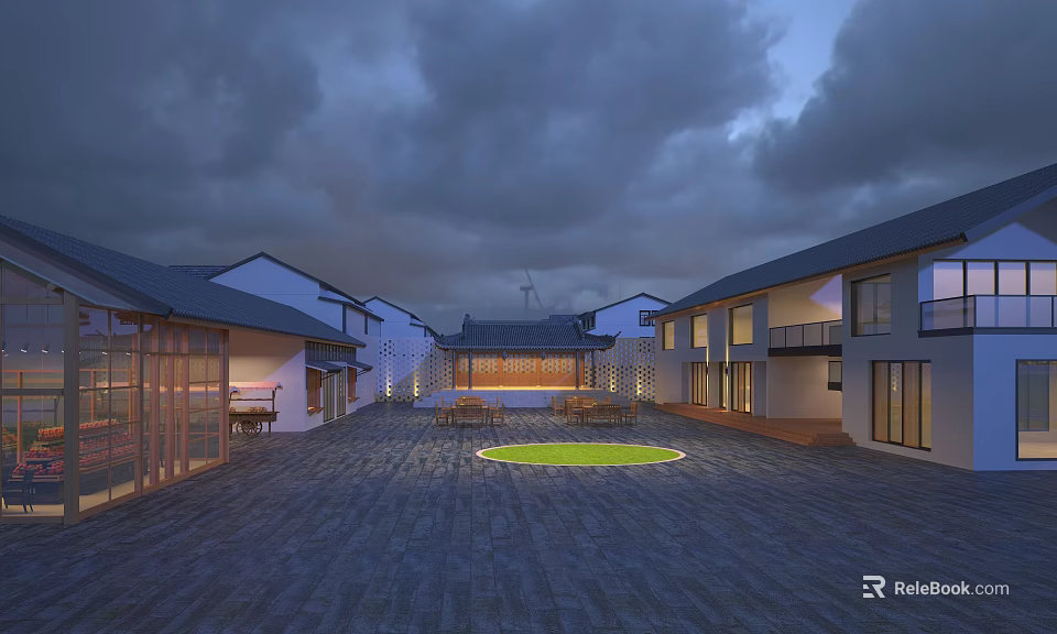 Traditional Chinese Style Residential Buildings with Courtyard Circular Green Area and Tile Roofs at Dusk 3d model 