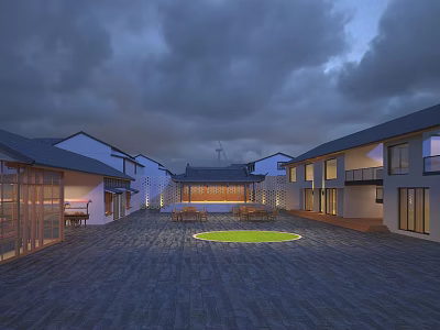 Traditional Chinese Style Residential Buildings with Courtyard Circular Green Area and Tile Roofs at Dusk 3d model