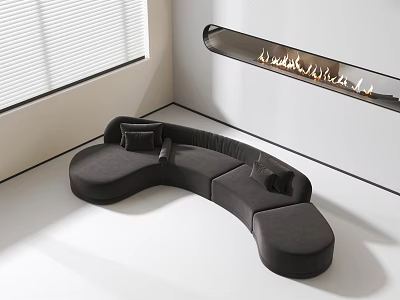 Black Curved Sectional Sofa In Modern Interior With Blinds And Decorative Lighting 3d model