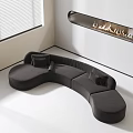Black Curved Sectional Sofa In Modern Interior With Blinds And Decorative Lighting