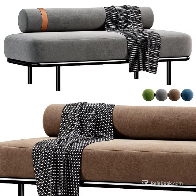 Comfortable Sofa Bench With Black Metal Legs And Polka Dot Blanket In Gray Brown Colors 3d model 
