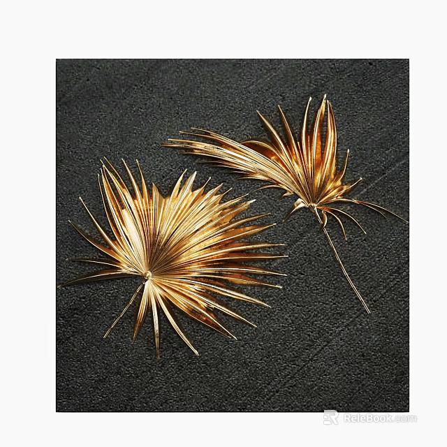 Gold Palm Leaf Wall Decor With Two Pieces On Dark Background 3d model 