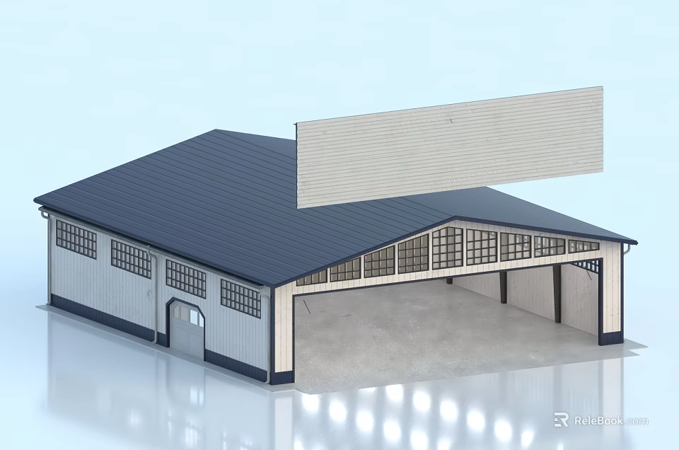 Large Blank Billboard Adjacent To Warehouse Building With Dark Roof And Garage Doors 3d model 