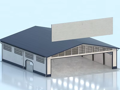 Large Blank Billboard Adjacent To Warehouse Building With Dark Roof And Garage Doors 3d model