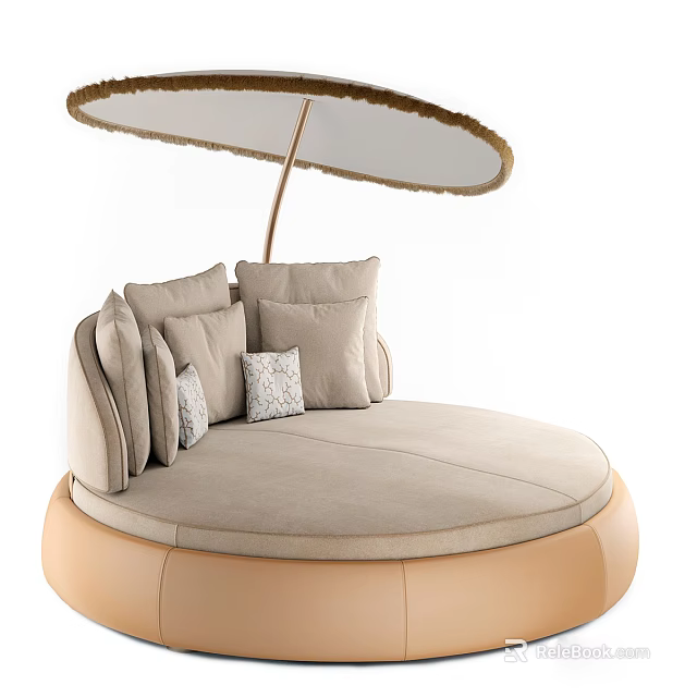 Elegant Round Bed With Multiple Cushions And Neutral Fabric Canopy Design 3d model 