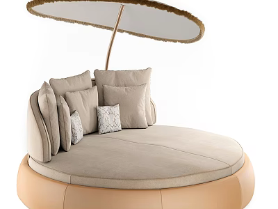 Elegant Round Bed With Multiple Cushions And Neutral Fabric Canopy Design 3d model