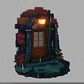 Futuristic Sci Fi Scene With Arched Door Red Mailbox Glowing Lantern And Rainy Puddle