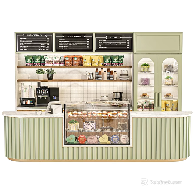 Café Display Shelves With Light Green Curved Counter Pastry Case Coffee Machine And Packaged Goods 3d model 