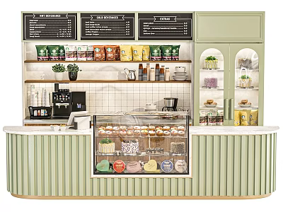 Café Display Shelves With Light Green Curved Counter Pastry Case Coffee Machine And Packaged Goods 3d model