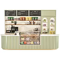 Café Display Shelves With Light Green Curved Counter Pastry Case Coffee Machine And Packaged Goods