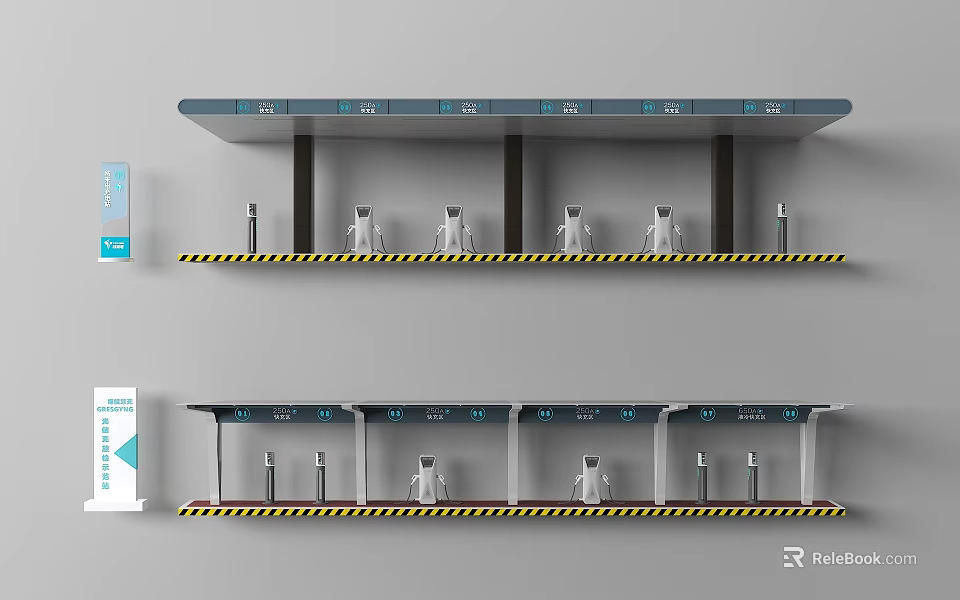 Practical Parking Canopy Design With Columns Warning Strips Signs And Human Figures 3d model 