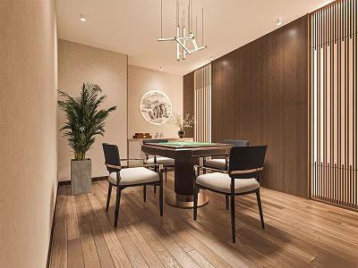 Serene Hotel Mahjong Room Interior With Wooden Walls Mahjong Table Hanging Lamp And Potted Plant 3d model