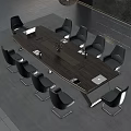Modern Wooden Conference Table With Gray Chairs Laptop Documents And Flower Vase
