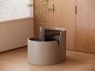 Modern Gray Round Side Table with Vase Green Plant Near Wooden Cabinet and Window Blinds 3d model
