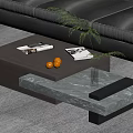 Modern Coffee Table With Wooden And Marble Top Magazine Book Oranges Green Plant Vase