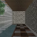 Tranquil Park Landscape With Stone Wall Reflecting Pool Wooden Pergola And Lush Greenery