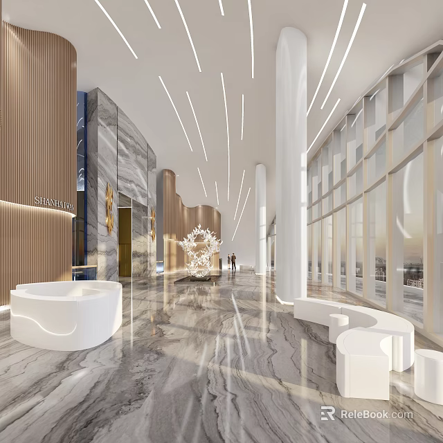 Modern Front Desk Reception Area With Marble Floor Wooden Wall And Glass Curtain 3d model 