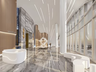 Modern Front Desk Reception Area With Marble Floor Wooden Wall And Glass Curtain 3d model