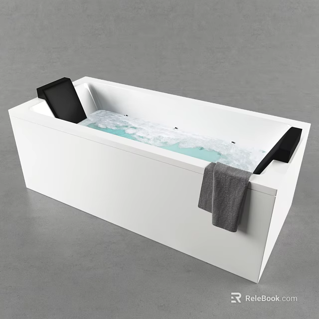 Sleek White Bathtub With Light Blue Interior And Black Side Cushions And Gray Towel Hanging 3d model 