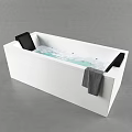 Sleek White Bathtub With Light Blue Interior And Black Side Cushions And Gray Towel Hanging
