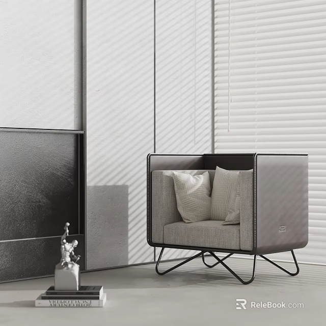 Modern Single Sofa With Gray Upholstery Black Frame And Metal Legs In Minimalist Room 3d model 