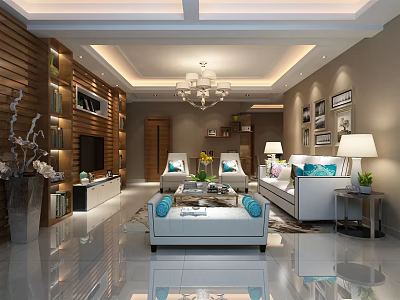 Modern Living Room Interior Design With Chandelier Sofa Coffee Table And Decorative Paintings 3d model