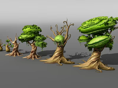 Cartoon Scene With Whimsical Trees Featuring Curved Trunks And Lush Green Canopies 3d model