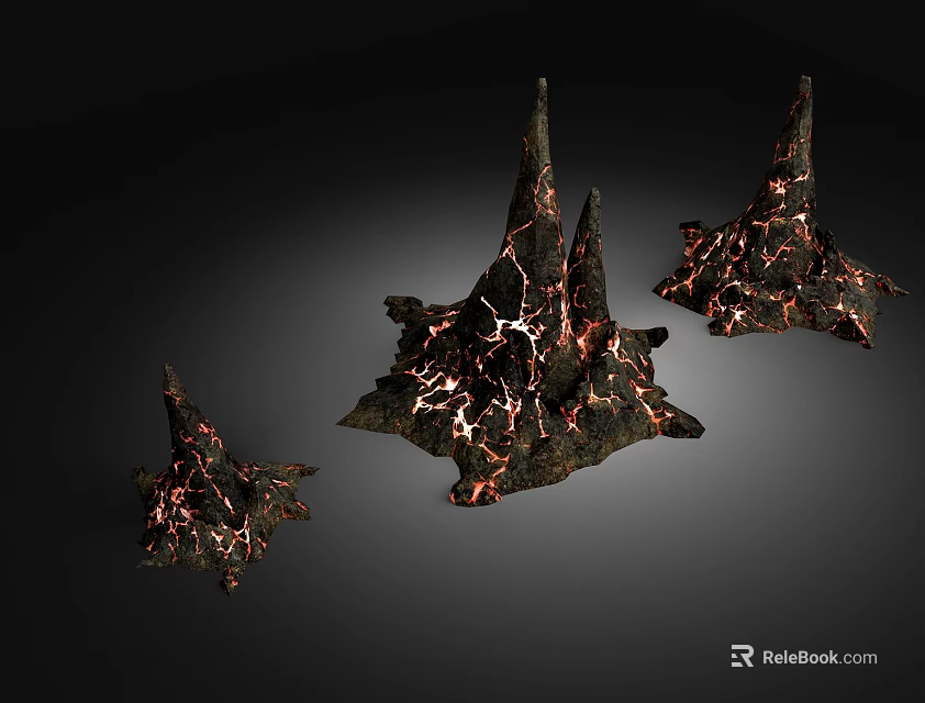 Three Decorative Rockery Stones With Cracked Dark Surface And Red Orange Veins 3d model 