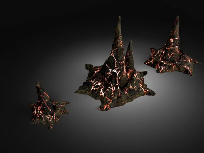 Three Decorative Rockery Stones With Cracked Dark Surface And Red Orange Veins 3d model