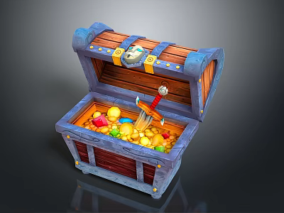 Open Decorative Household Storage Chest With Colorful Balls Gold Coins And Key 3d model