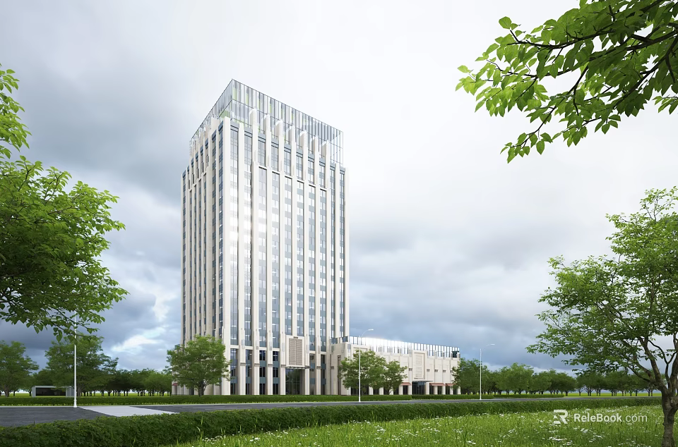 Modern Office Building with Glass Facade Surrounded by Green Trees and Lawn 3d model 