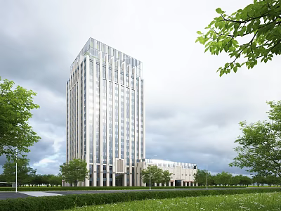 Modern Office Building with Glass Facade Surrounded by Green Trees and Lawn 3d model