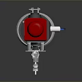 Detailed View of Red Industrial Mechanical Device with Silver Metal Components Label and Connecting Pipes