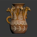 Decorative Orange Vase With Multiple Animal Heads And Intricate White Patterns 3d model