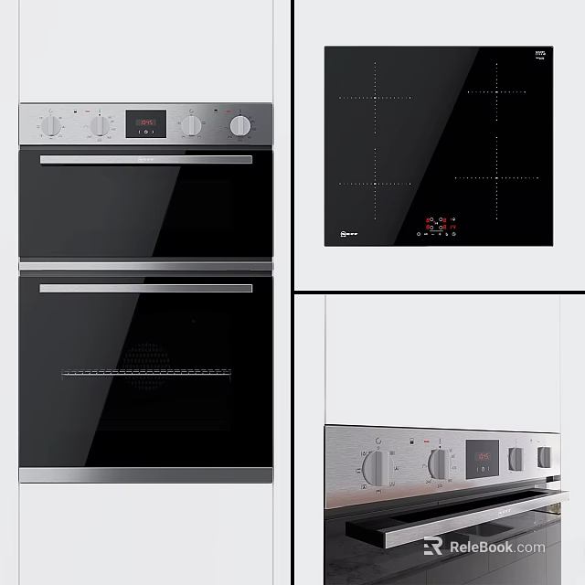 Modern Stainless Steel Oven And Black Glass Stove With Control Panel 3d model 