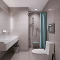 Public Restroom Interior With Gray Tiled Walls Wooden Door White Sink Mirror And Grab Bars