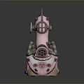 Steampunk Mechanical Weapon In Pink Metallic Colors Featuring Spikes Pipes Circular Components And Base Structure