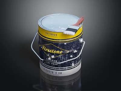Flextone Interior Flat Paint Bucket With Yellow And Blue Body And Red Brush 3d model
