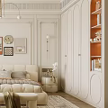 Modern Elegant Bedroom Interior With Cream Bed Rug Nightstand Chandelier Art Cabinets Round Sofa Bookshelf