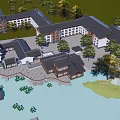Traditional Chinese Ancient Architecture Complex With Courtyard Waterfront And Surrounding Trees 3d model