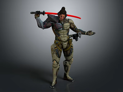 Sci Fi Character In Mechanical Armor Holding Red Lightsaber Standing Pose 3d model