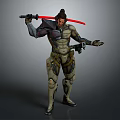 Sci Fi Character In Mechanical Armor Holding Red Lightsaber Standing Pose