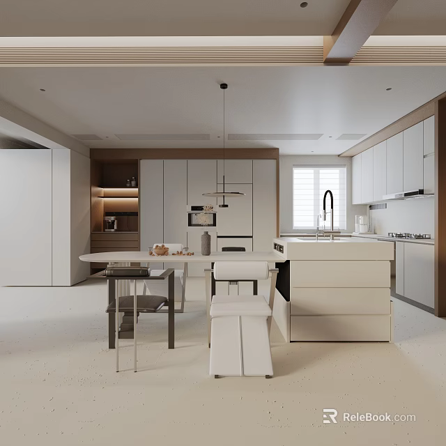 Modern Interior Dining Table Set With Matching Chairs And White Kitchen Island 3d model