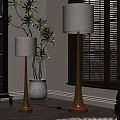 Modern Wooden Floor Lamp With Potted Plant And Window Blinds In Cozy Room Interior