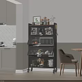 Wheeled Black Sideboard With Multiple Shelves Decorative Jars And Plants In Kitchen Dining Area