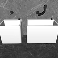 Bathroom Combination With Two White Square Washbasins And Wall Mounted Faucets Against Gray Marble Wall