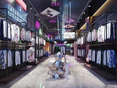 Modern Clothing Store Interior With Clothing Racks Hanging Apparel and Display Area 3d model