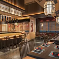 Japanese Style Restaurant Interior With Wooden Decoration Bar Counter Dining Tables Lanterns And Partition Screens
